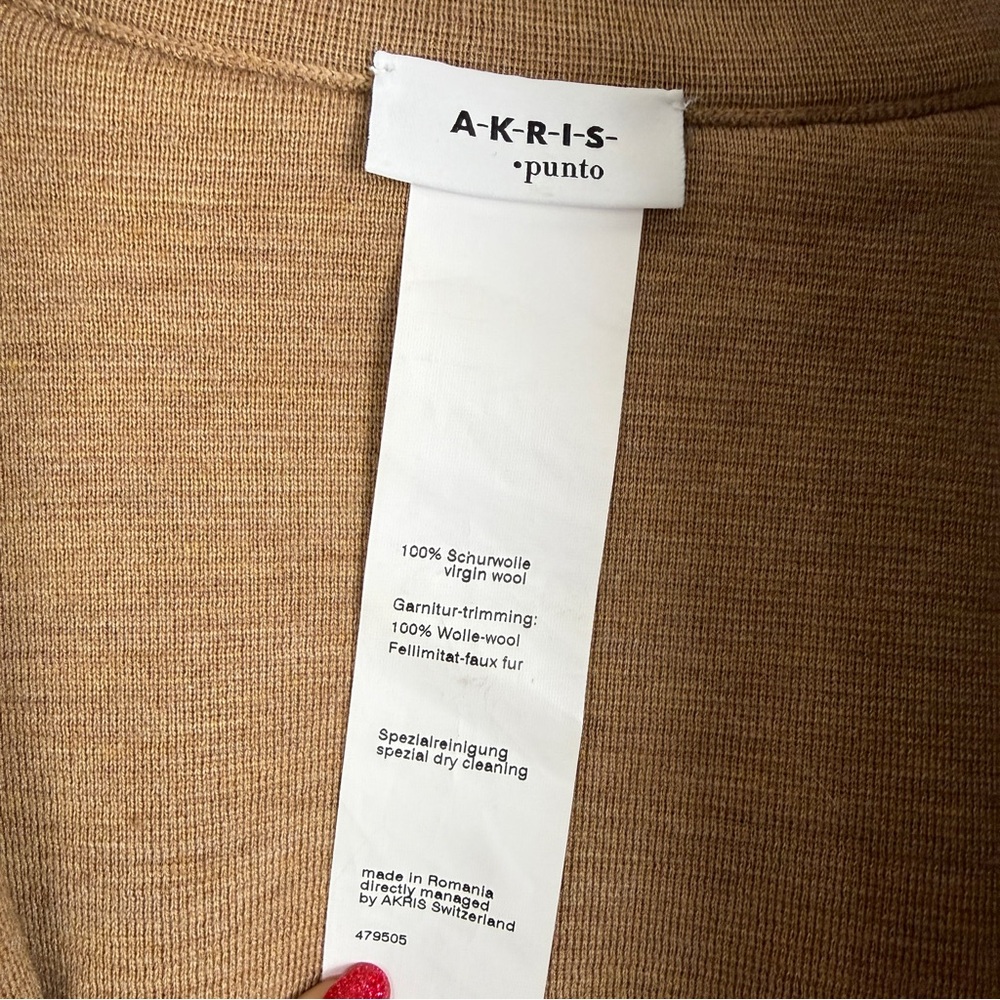 Akris Punto 100% Wool Sherpa Knit Stand Collar Cardigan Camel US 10 Faux Fur Tan - Picture 4 of 13